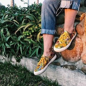 Superga Lace Up Mustard Yellow Floral Embroidery